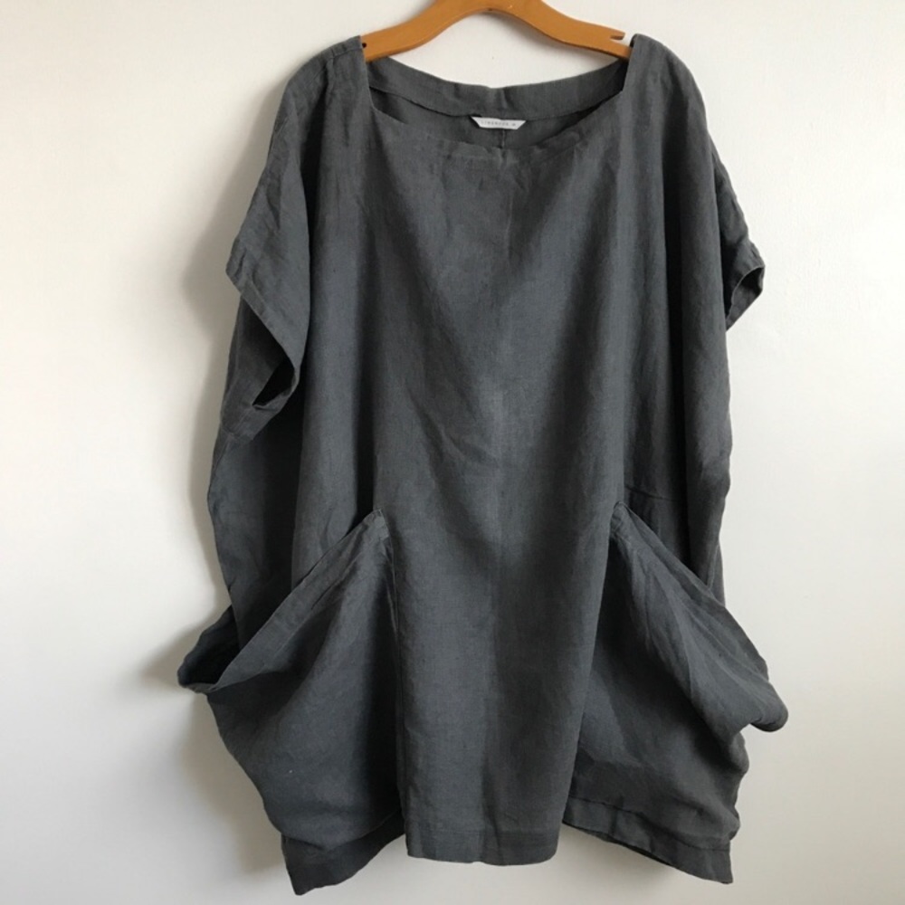 LINENFOX GRAY DRESS OVERSIZED SHIFT LAGENLOOK POCKETS WOMENS MEDIUM